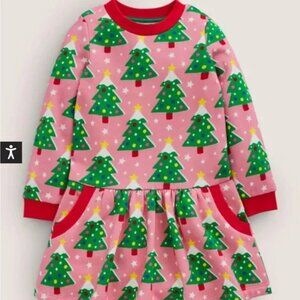 NWT Mini Boden Cosy Christmas Tree Printed Sweatshirt Dress w/ Pockets
